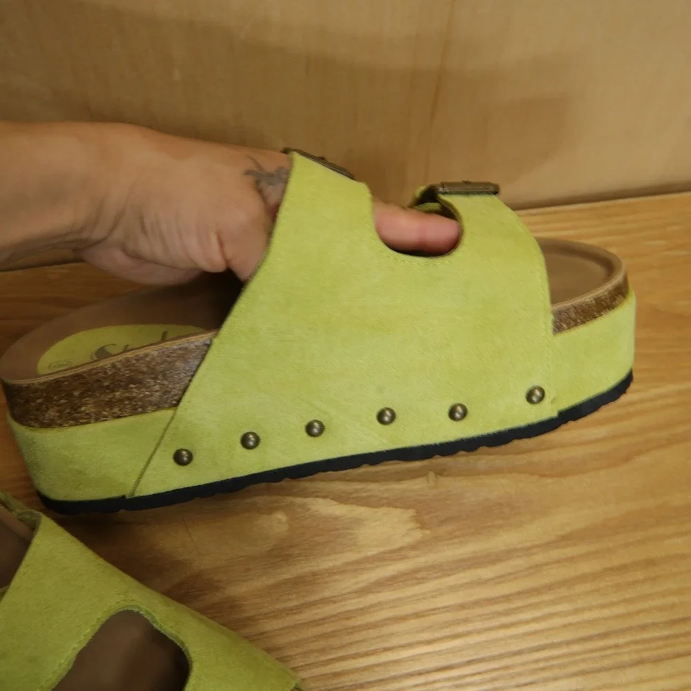 Shein Lime Green Faux Suede Platform Sandals Studded Double Strap Slides Size 9